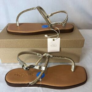 Mariella Womens Sandals Size 7.5 Tan/Gold bling Thong sling back Sandals NWB